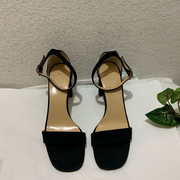 New Ann Mashburn black suede ankle Strap sandals size 38.5 heels 3” - Picture 7 of 11